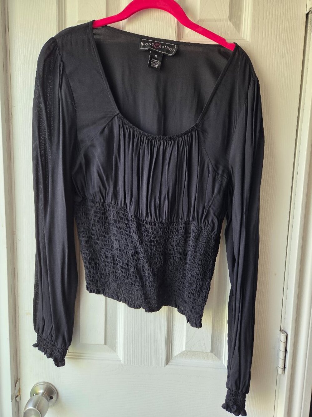POLLY & ESTHER Square Neck  Ruched Waist Long Sleeve Blouse Top Black XL